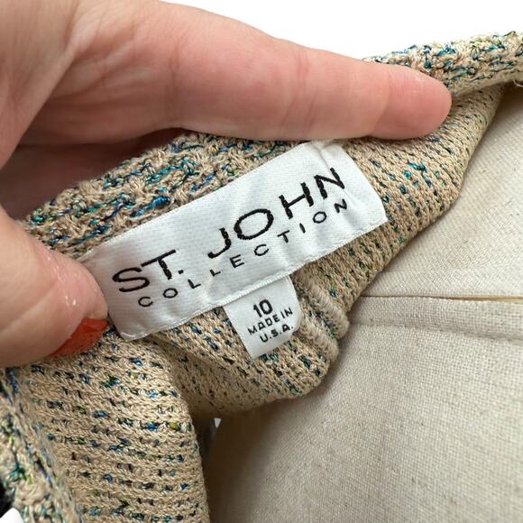 St. John Collection Pencil Skirt Size 10 Tan Blue Tweed Knit Pull On Stretch EUC - Picture 7 of 7